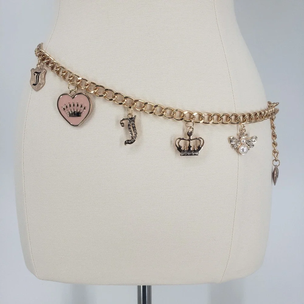 Juicy Couture Charm Chain Belt Women 1X Gold Pink Heart Crown Bee Y2K Rhinestone